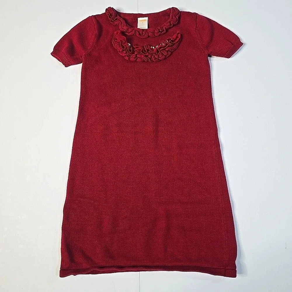 Gymboree Sweater Dress Girls 7 Red Ruffle Rhinestone Holiday Festive Short Slv
